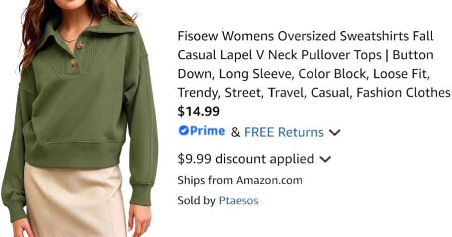 woman wearing green shirt next to Amazon pricing information