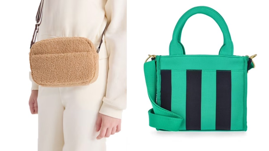 furry crossbody and green and blue striped tote bag 