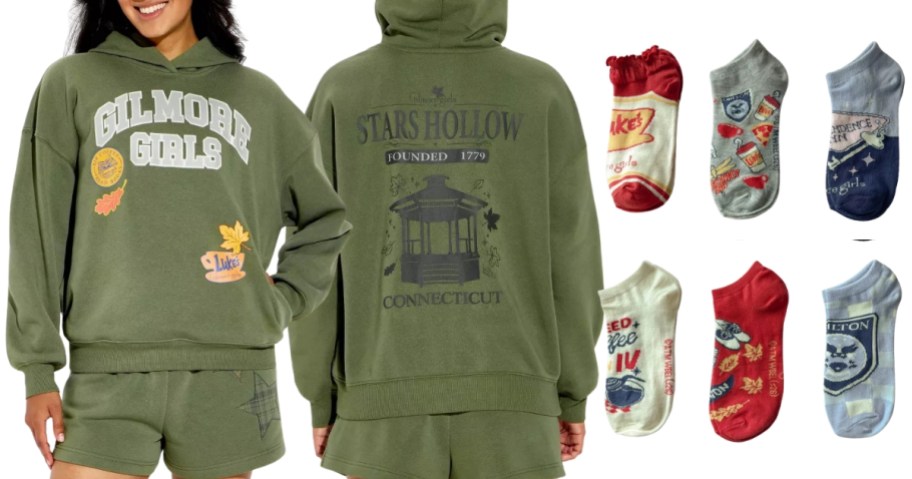 women showing the front and back of a Gilmore Girls hoodie and six Gilmore girls themed socks