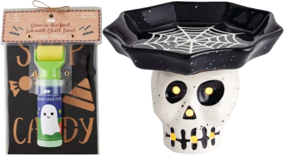 a tube of glow in the dark liquid sidewalk chalk and an LED skull candy dish