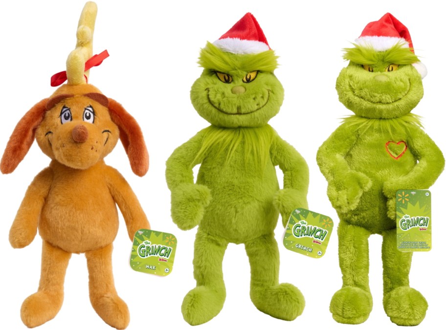 Three Grinch plush toys, including Max the dog with a single antler and two versions of the Grinch wearing Santa hats.