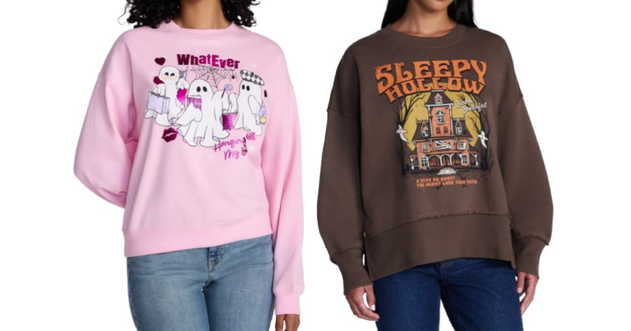 2 women wearing pink and brown sweatshirts