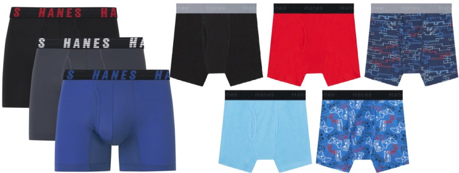 Multiple pairs of Hanes boxer briefs shown in various solid colors and patterns, including black, grey, blue, red, and a video game controller print.