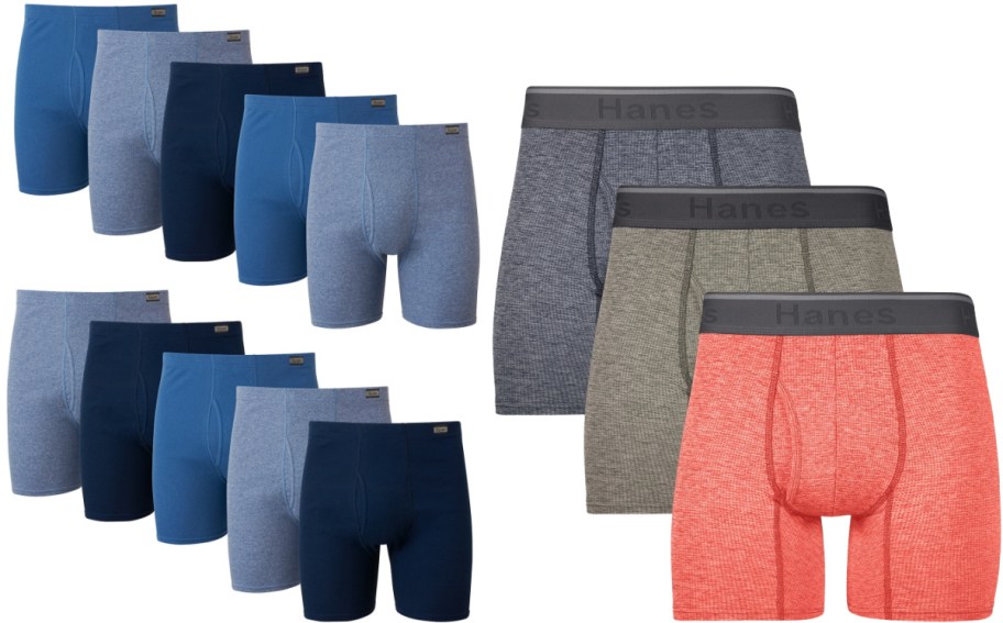 Two sets of Hanes boxer briefs displayed side by side: a ten-pack in various solid blue shades on the left, and a three-pack of heathered grey, olive green, and red on the right.