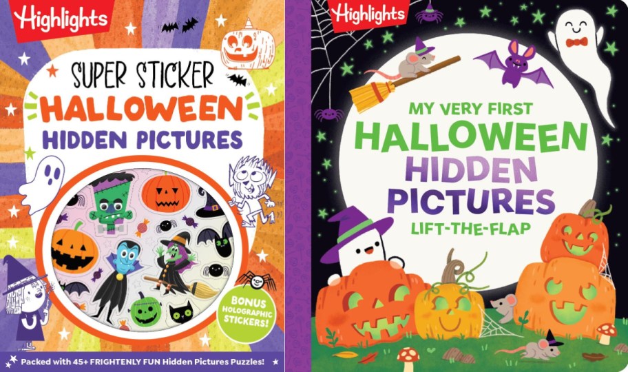 Two Highlights Halloween hidden pictures activity books shown side by side, featuring "Super Sticker Halloween Hidden Pictures" with bonus holographic stickers on the left and "My Very First Halloween Hidden Pictures Lift-the-Flap" book on the right.
