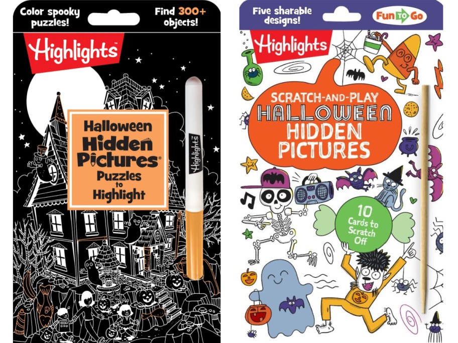 Two Highlights Halloween hidden picture activity kits shown side by side, featuring a "Halloween Hidden Pictures Puzzles to Highlight" book with a scratching pen on the left and a "Scratch-and-Play Halloween Hidden Pictures" card set with a wooden stylus on the right.