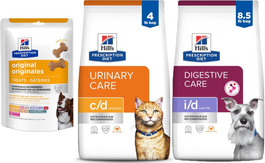 cat treats, and bags of dog and cat food