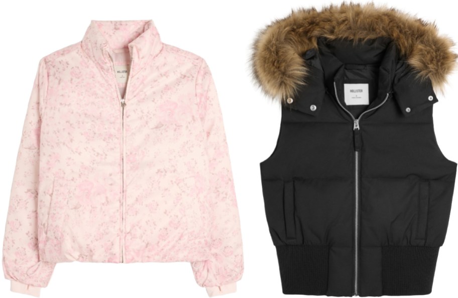 A light pink floral print zip-up jacket on the left and a black hooded puffer vest with brown faux-fur trim on the right.