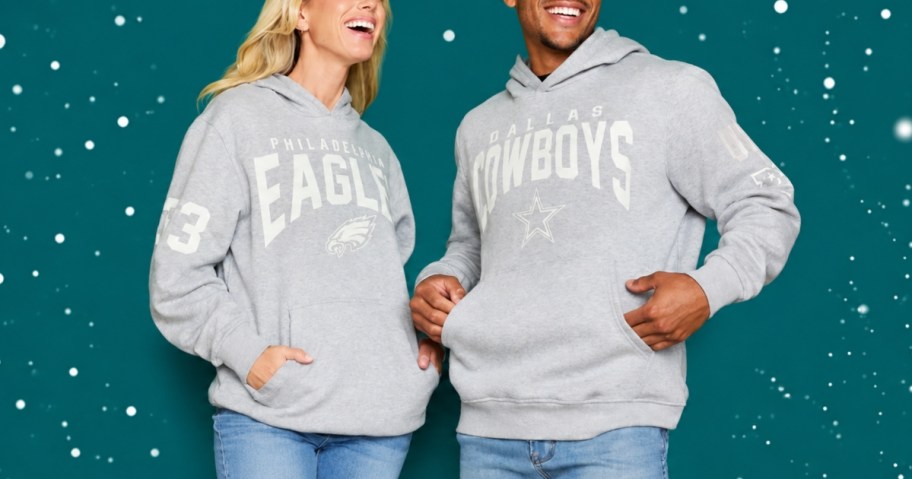 woman and man wearing NFL hoodies