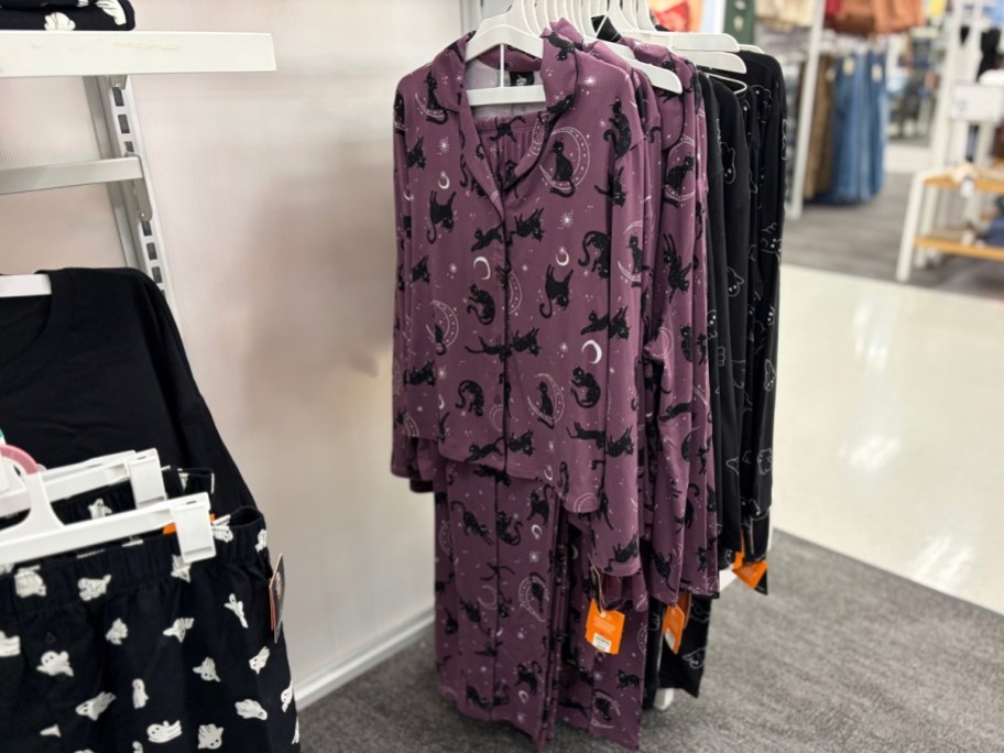 purple and black cat and moon pj set