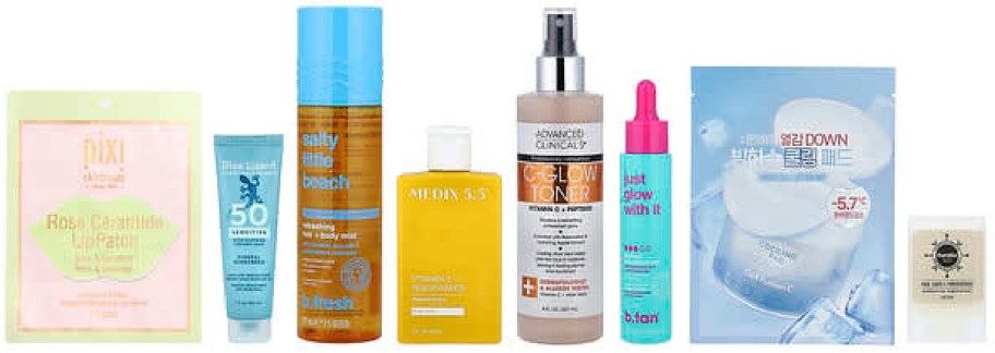 An iHerb Sunkissed Essentials 8-piece kit featuring skincare products, sunscreen, toner, and cooling pads.