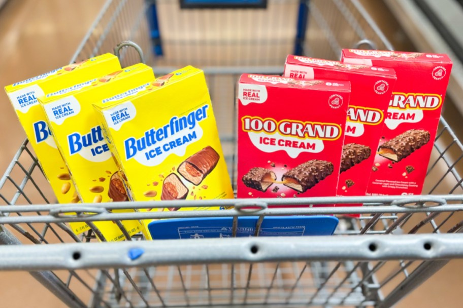 six boxes of candy bar ice cream in shopping cart