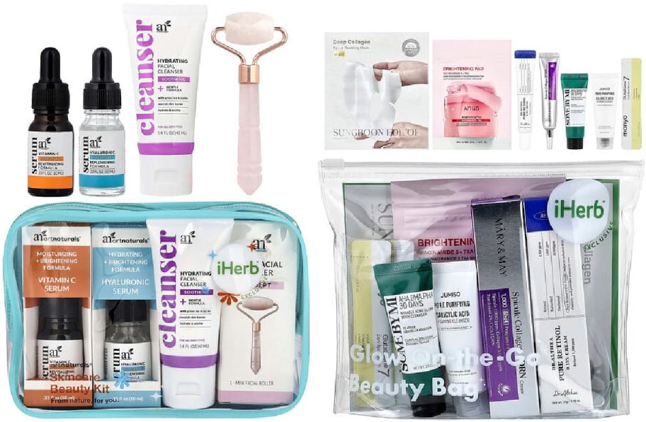 An assortment of iHerb skincare beauty kits and sample bags featuring serums, cleansers, facial rollers, sheet masks, and creams.