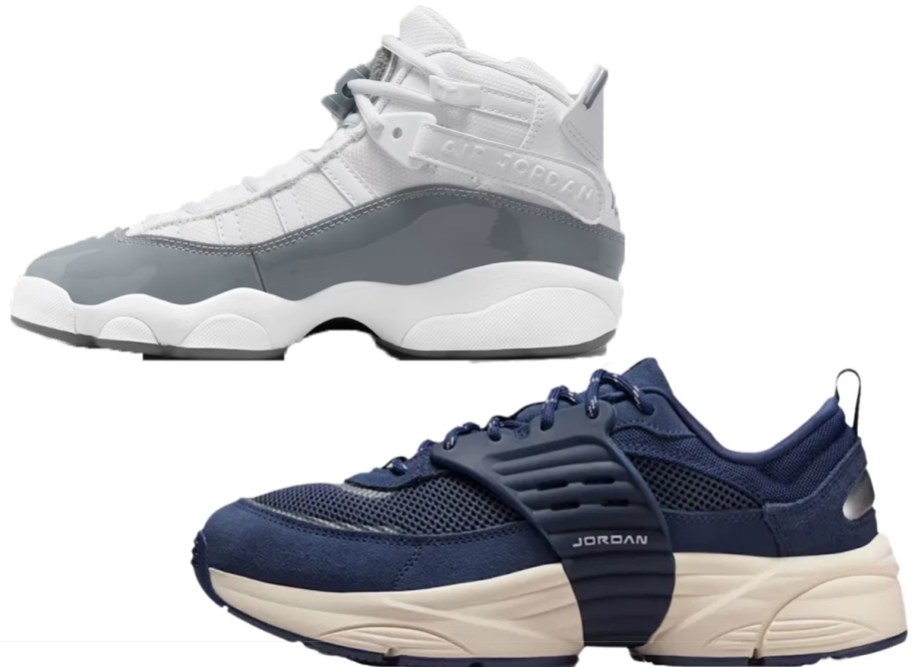 gray and blue jordan shoes