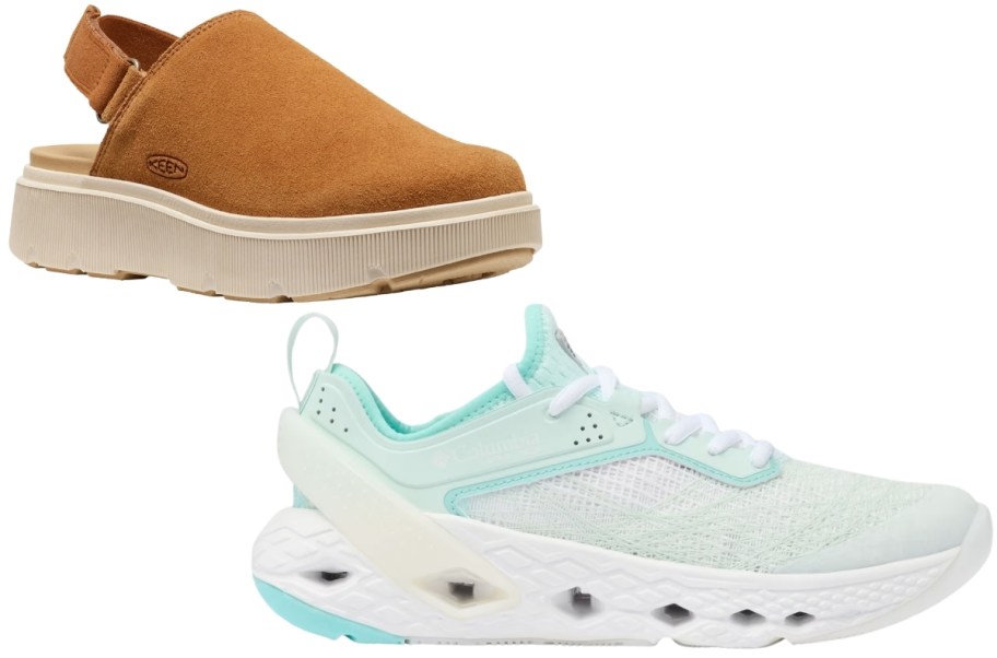camel clog and green and white sneaker