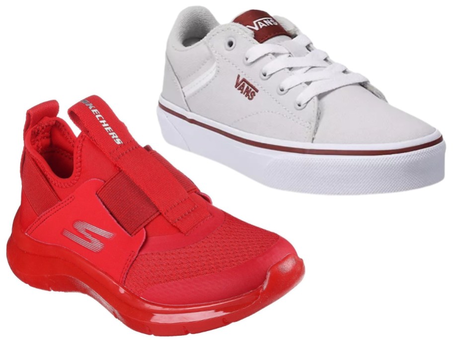 a kids red Skechers sneaker and a tan Vans sneaker