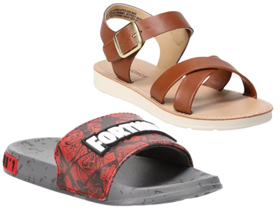 a girls brown strappy sandal and a boys Fortnite slide sandal