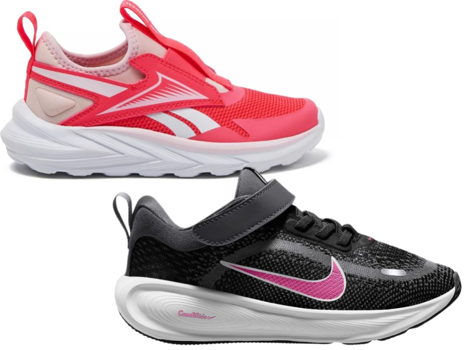 a kids Reebok and a kids Nike shoe