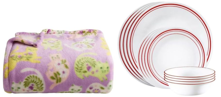 a blanket with cats on it and a red and white corelle dinnerware set