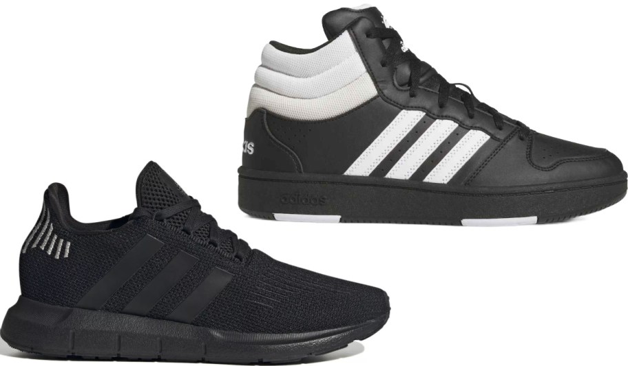 A pair of black Adidas sneakers, including a low-top knit running shoe and a mid-top leather shoe with white stripes and a padded collar.