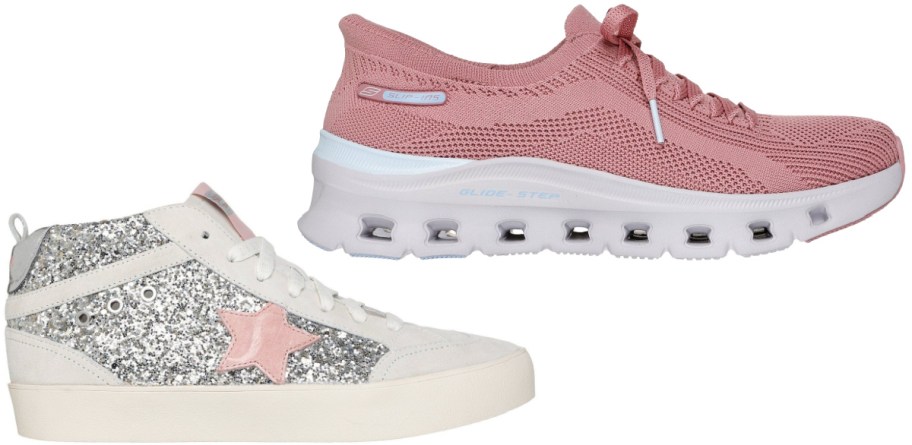 A pair of casual shoes, including a pink knit slip-on sneaker with a cushioned white sole and a white sneaker with silver glitter and a pink star detail.
