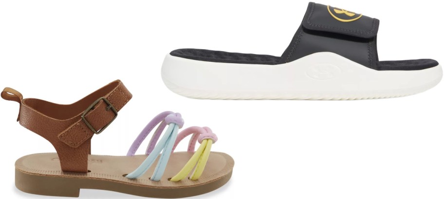A pair of casual sandals, including a brown strapped sandal with pastel knotted straps and a black slide sandal with a thick white sole.