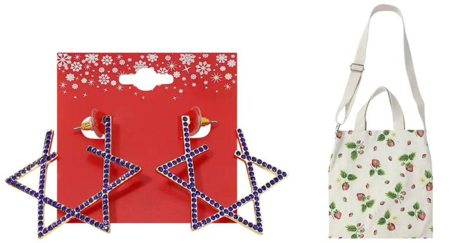 star earrings and a purse with a strawberry pattern