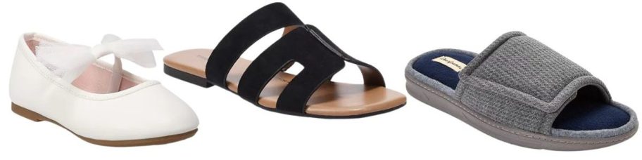 white girls shoe, womens black sandal, and grey mens slipper