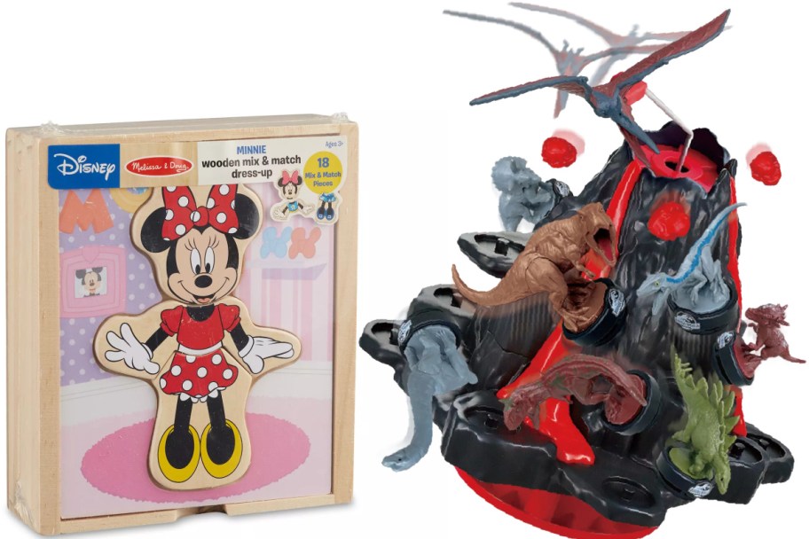 Disney Minnie Mouse wooden mix-and-match dress-up puzzle set by Melissa & Doug on the left, paired with a Jurassic World dinosaur volcano action playset on the right.