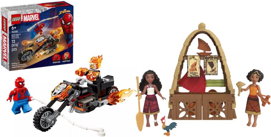 LEGO Marvel Spider-Man vs. Ghost Rider Motorcycle building set on the left alongside Disney Moana figures, a small chicken, and a thatched hut playset on the right.