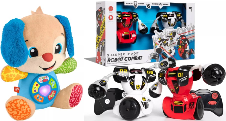 Fisher-Price Laugh & Learn Smart Stages Puppy toy on the left, paired with a Sharper Image Robot Combat remote-controlled fighting set featuring red and white robots on the right.