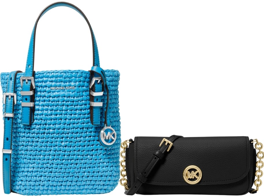 small woven bag with small leather shoulder bag