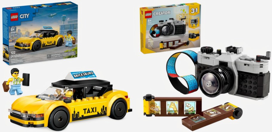 Two LEGO sets shown with their boxes and built models: a LEGO City Yellow Taxi set on the left and a LEGO Creator 3-in-1 Retro Camera set on the right.
