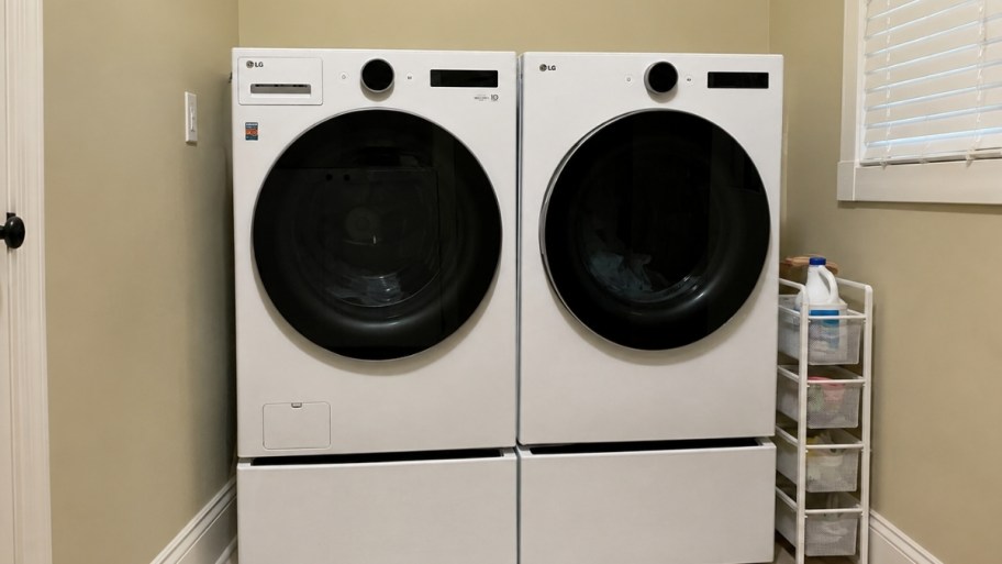 LG smart washer and dryer side by side in a laundry room