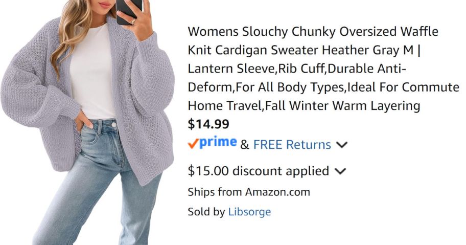 woman wearing cardigan next to Amazon pricing information