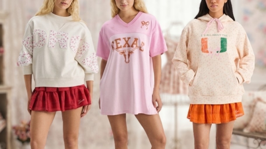 three women wearing tops from the loveshackfancy x fanatic collab