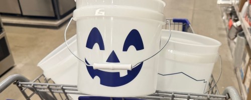 a white bucket with a blue jack-o-lantern face sitting in a Lowe's cart with more buckets