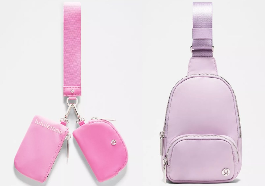 pink dual pouch wristlet and purple sling bag