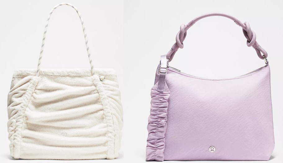 white and purple tote bags