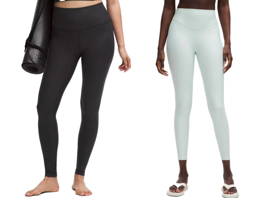 two women in black and light blue leggings