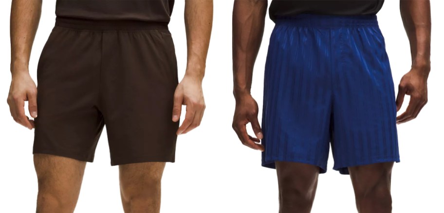 two men in brown and blue shorts