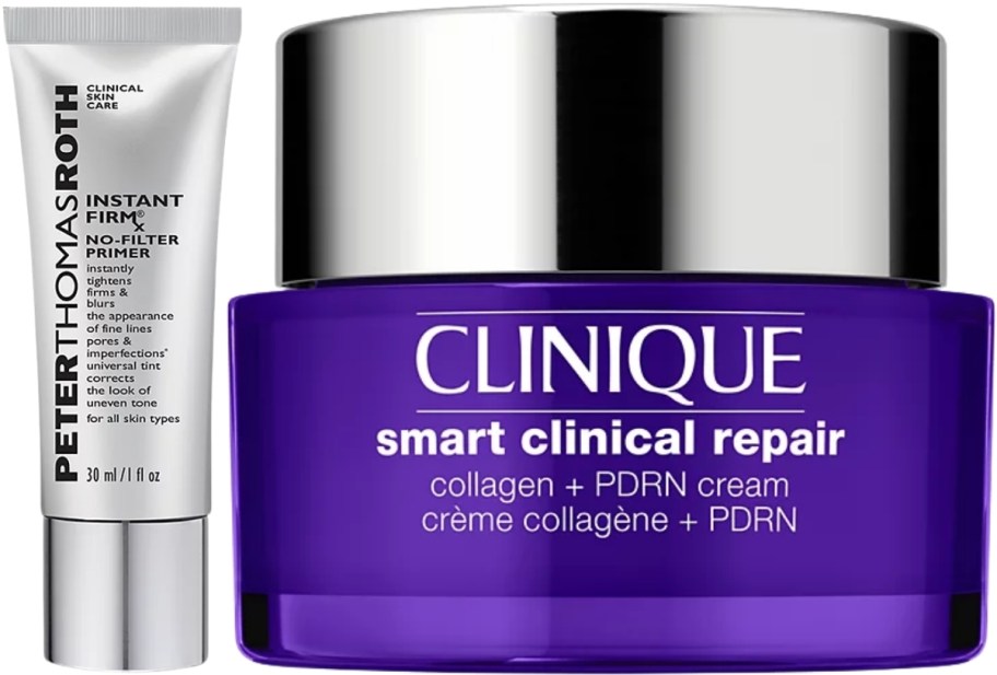 a tube of peter thomas roth primer and a jar of clinique smart clinical repair w/ PDRN