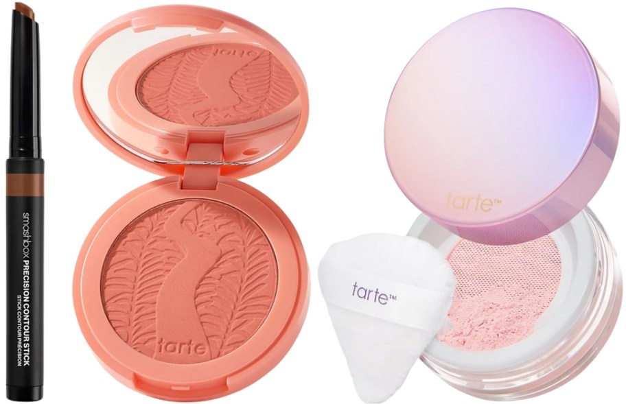 smashbox contour stick, tarte blush and tarte powder