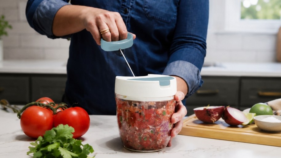 a woman using a veggie chopper to make salsa
