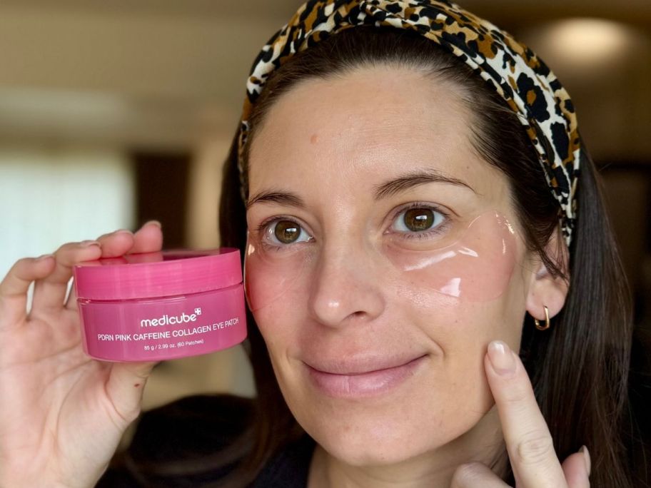 woman wearing medicube Eye Patch PDRN Caffeine Collagen - Firming Gel Patches