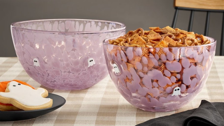 two Member's Mark Halloween Icon Glass Serving Bowls in a ghost pattern on table