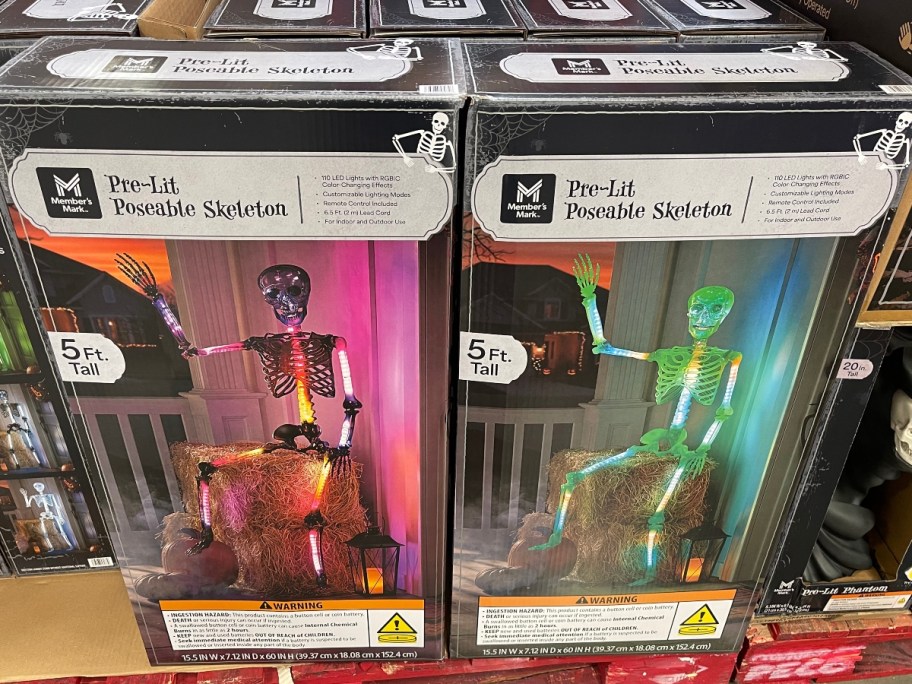 two boxed decorative skeletons on shelf at Sam's Club