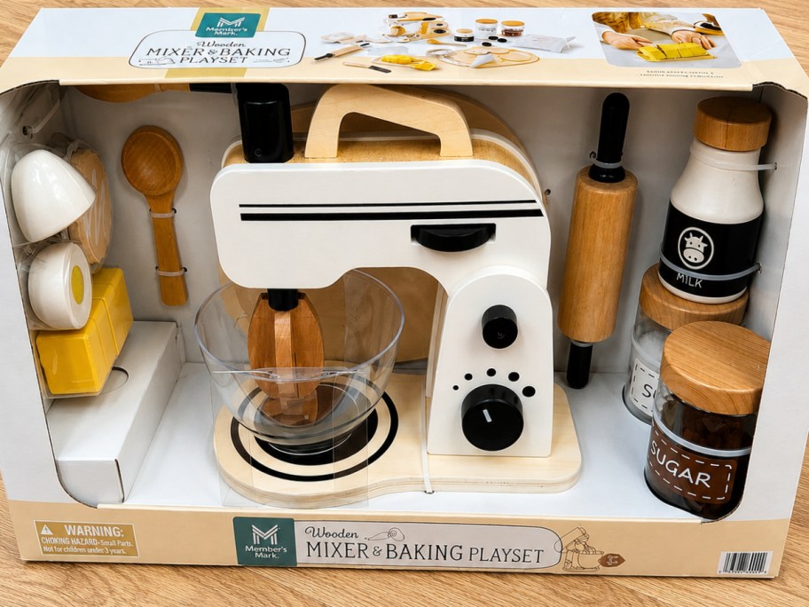 box with kid's wooden baking playset