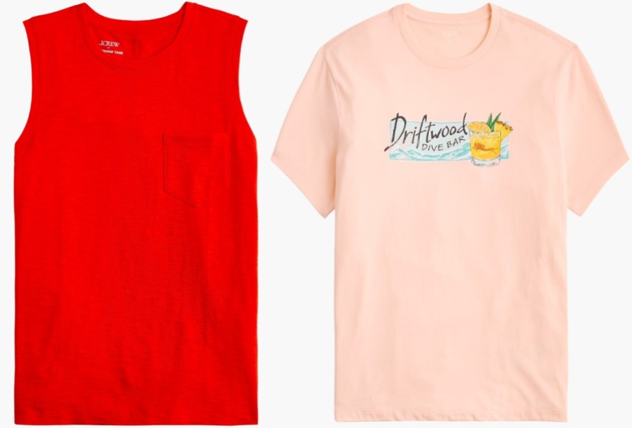 womens red tanktop and mens peach graphic tee