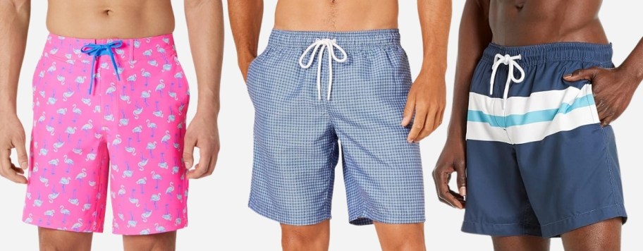 three men in 3 different styles of swim shorts